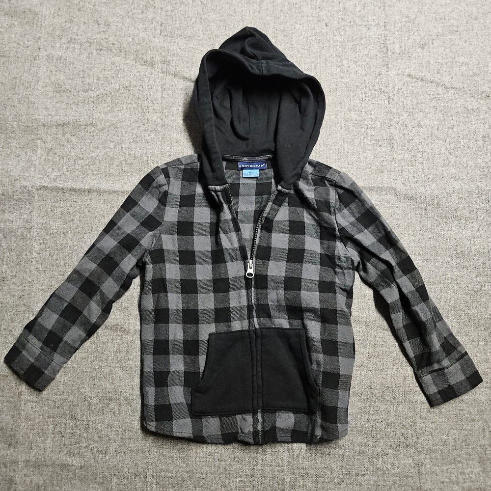 Andy & Evan Boys Grey Black Buffalo‎ Plaid Full Zip Hoodie Flannel Shirt 4T